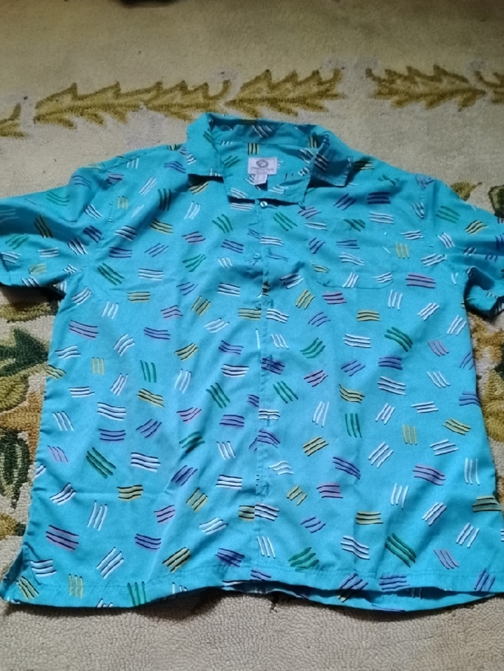 Casual Button-Down Shirt - Turquoise with Multicolor Pattern